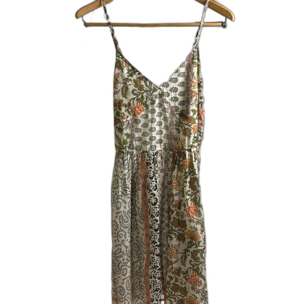 Women's Cream and Green floral patchwork Midi Dress | Medium